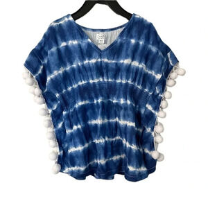 Mud Pie Girls Beach Swimsuit Cover Up Blue Tie Dye with Pom Poms Sz 2T-3T NWT
